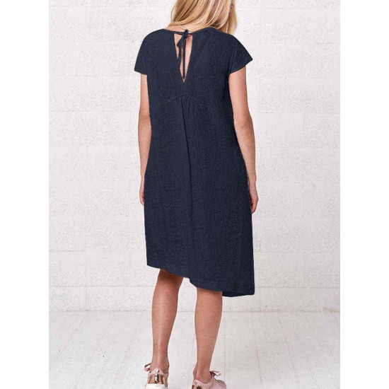 Plus Size Irregular Short Sleeve Solid Color Vintage Dress