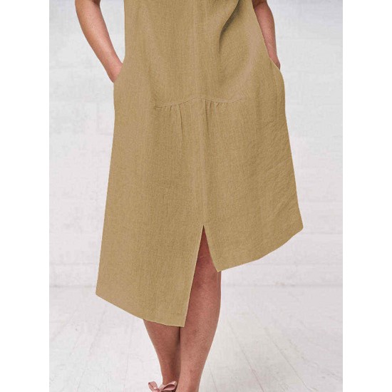 Plus Size Irregular Short Sleeve Solid Color Vintage Dress