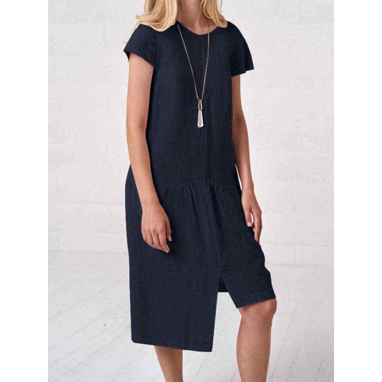 Plus Size Irregular Short Sleeve Solid Color Vintage Dress