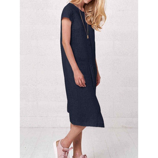 Plus Size Irregular Short Sleeve Solid Color Vintage Dress