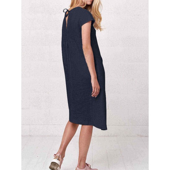 Plus Size Irregular Short Sleeve Solid Color Vintage Dress
