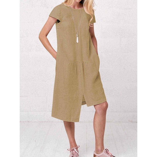 Plus Size Irregular Short Sleeve Solid Color Vintage Dress