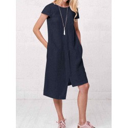 Plus Size Irregular Short Sleeve Solid Color Vintage Dress