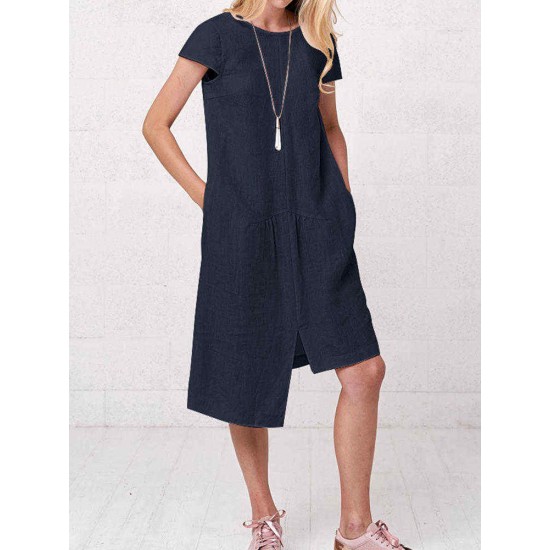 Plus Size Irregular Short Sleeve Solid Color Vintage Dress