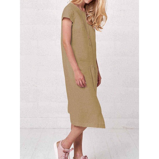 Plus Size Irregular Short Sleeve Solid Color Vintage Dress