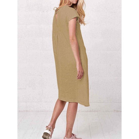 Plus Size Irregular Short Sleeve Solid Color Vintage Dress