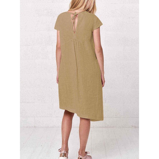 Plus Size Irregular Short Sleeve Solid Color Vintage Dress