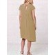 Plus Size Irregular Short Sleeve Solid Color Vintage Dress