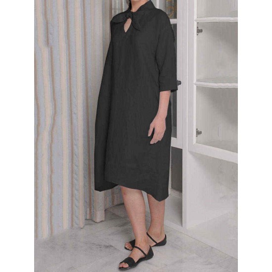 Plus Size Knotted Neckline Half Sleeve Cotton Dress