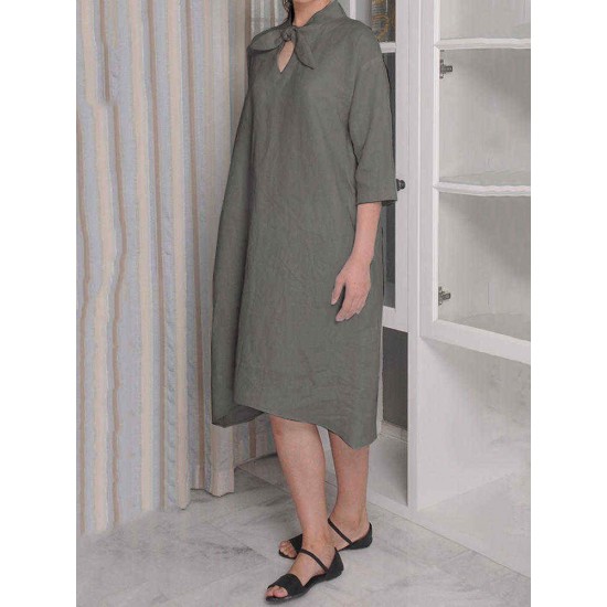 Plus Size Knotted Neckline Half Sleeve Cotton Dress