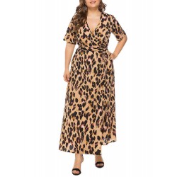 Plus Size Leopard Print V-neck Short Sleeve Long Dress