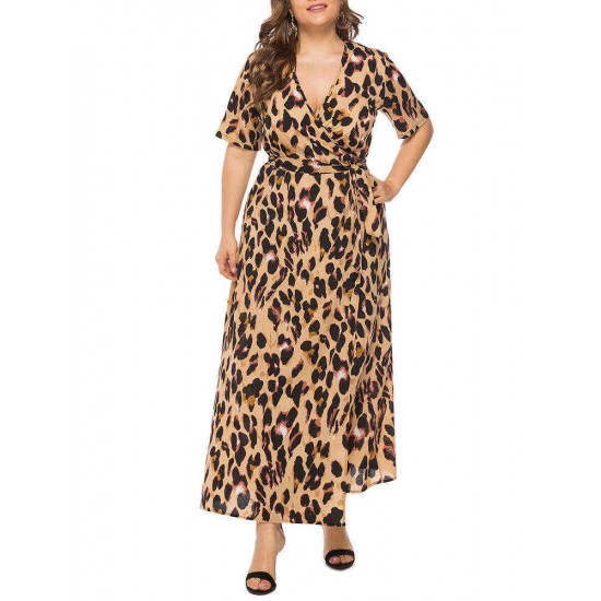 Plus Size Leopard Print V-neck Short Sleeve Long Dress