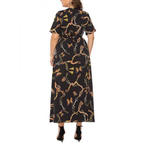 Plus Size Leopard Print V-neck Short Sleeve Long Dress