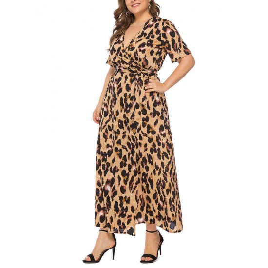 Plus Size Leopard Print V-neck Short Sleeve Long Dress