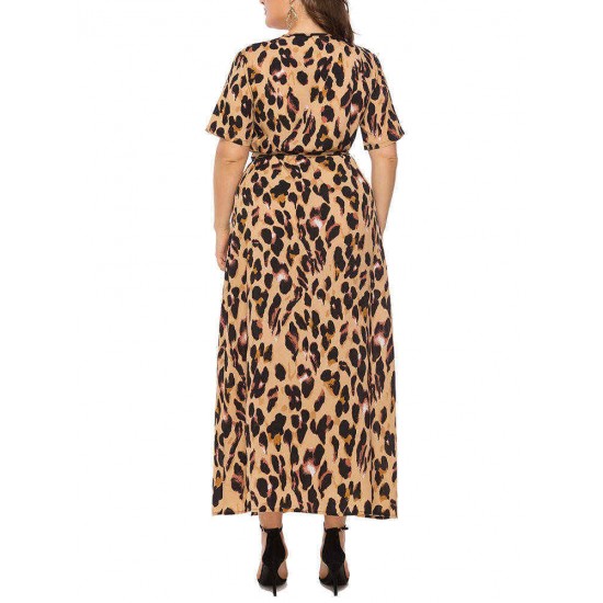 Plus Size Leopard Print V-neck Short Sleeve Long Dress