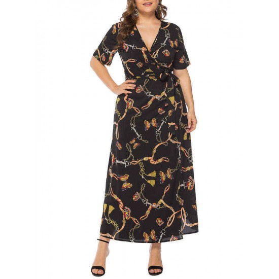 Plus Size Leopard Print V-neck Short Sleeve Long Dress