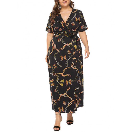 Plus Size Leopard Print V-neck Short Sleeve Long Dress