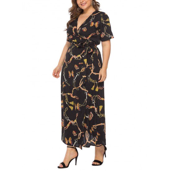 Plus Size Leopard Print V-neck Short Sleeve Long Dress