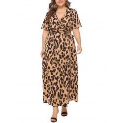 Plus Size Leopard Print V-neck Short Sleeve Long Dress