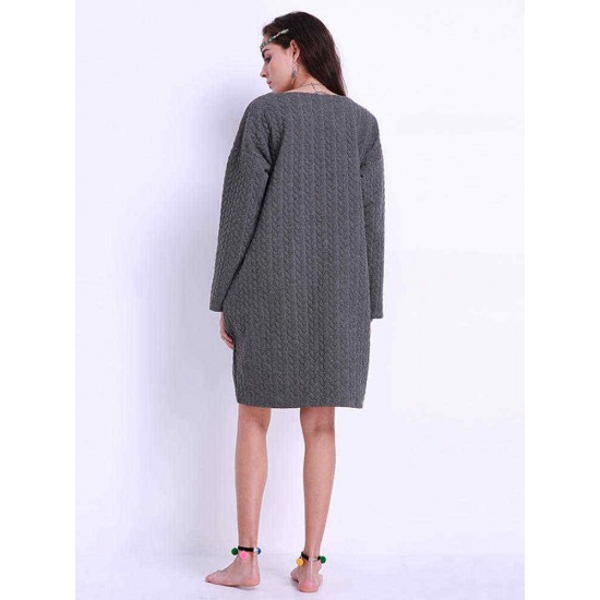 Plus Size Loose Women Dresses Pocket Long Sleeve O-neck Dress