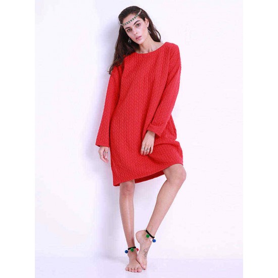 Plus Size Loose Women Dresses Pocket Long Sleeve O-neck Dress