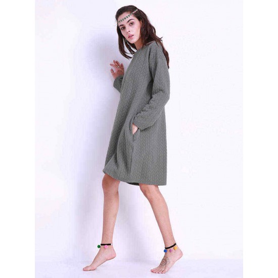 Plus Size Loose Women Dresses Pocket Long Sleeve O-neck Dress