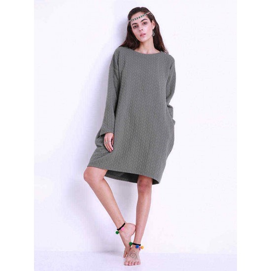 Plus Size Loose Women Dresses Pocket Long Sleeve O-neck Dress