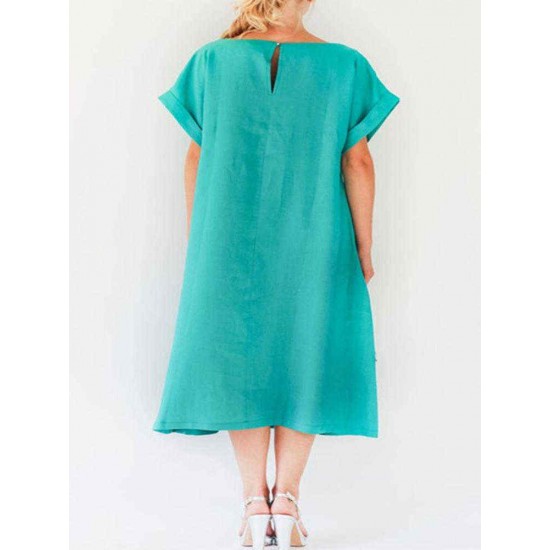 Plus Size O-neck Short Sleeve Women Dress with Pockets