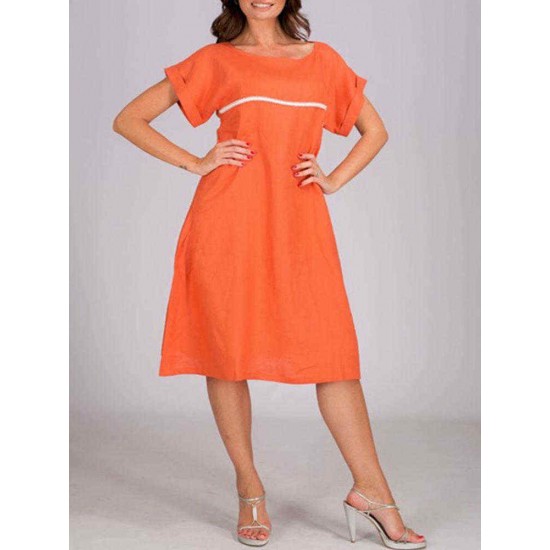 Plus Size O-neck Short Sleeve Women Dress with Pockets