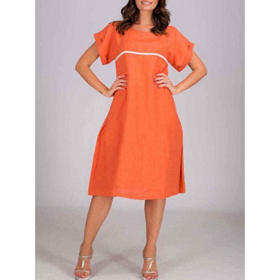 Plus Size O-neck Short Sleeve Women Dress with Pockets