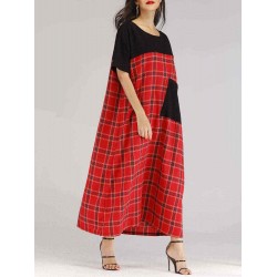 Plus Size Patchwork Plaid Short Sleeve Women Loose Dress