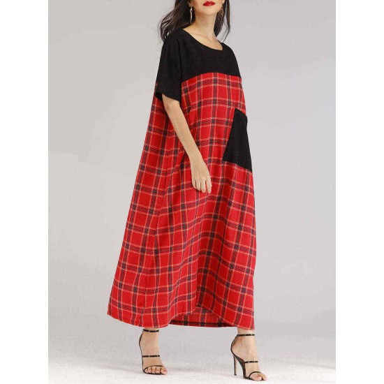 Plus Size Patchwork Plaid Short Sleeve Women Loose Dress