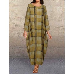 Plus Size Plaid Long Sleeve Casual Dress with Pockets