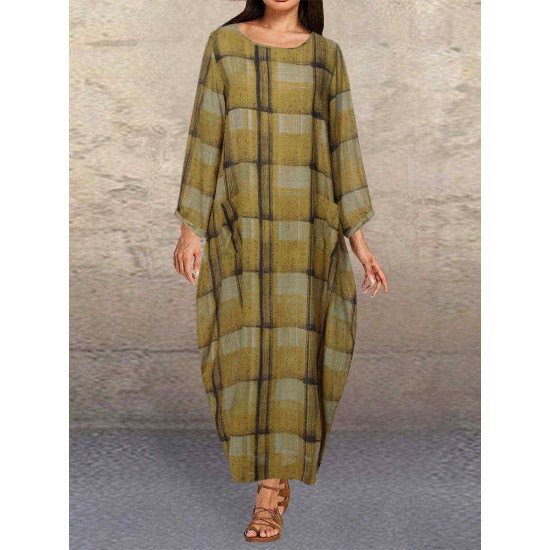 Plus Size Plaid Long Sleeve Casual Dress with Pockets