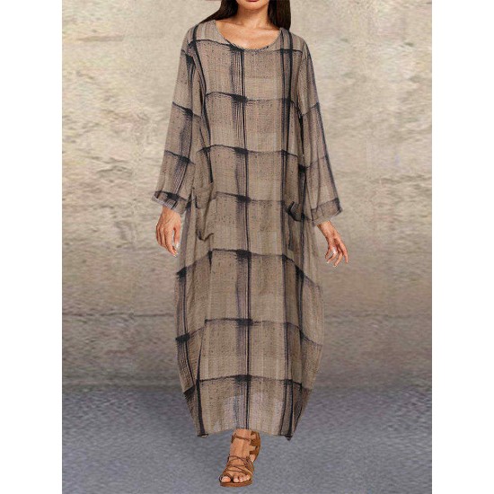 Plus Size Plaid Long Sleeve Casual Dress with Pockets