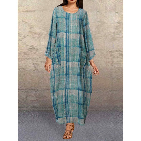 Plus Size Plaid Long Sleeve Casual Dress with Pockets