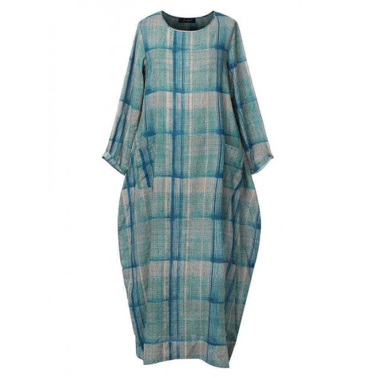Plus Size Plaid Long Sleeve Casual Dress with Pockets