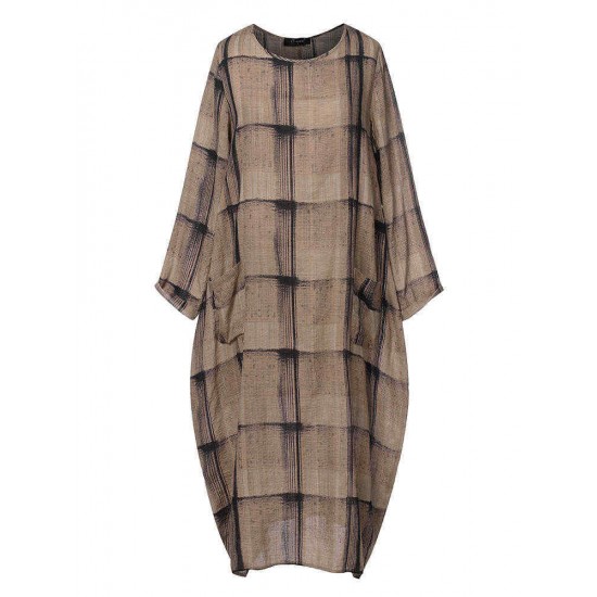 Plus Size Plaid Long Sleeve Casual Dress with Pockets