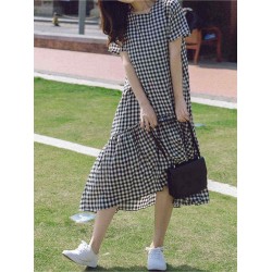 Plus Size Plaid Print Crew Neck Women Casual Dress