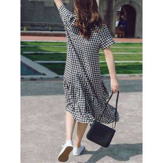 Plus Size Plaid Print Crew Neck Women Casual Dress