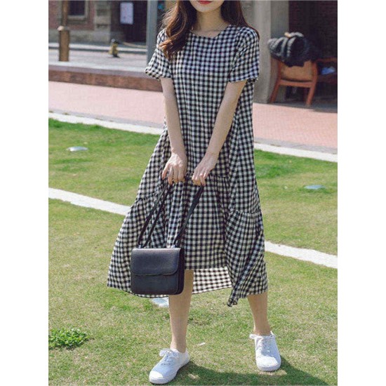 Plus Size Plaid Print Crew Neck Women Casual Dress