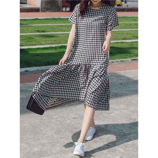 Plus Size Plaid Print Crew Neck Women Casual Dress