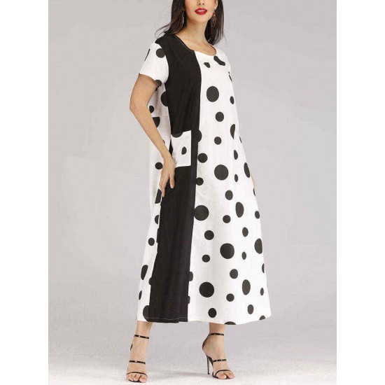 Plus Size Polka Dot Patchwork Short Sleeve Pocket Dress