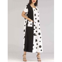 Plus Size Polka Dot Patchwork Short Sleeve Pocket Dress