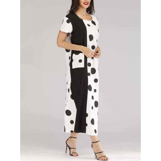 Plus Size Polka Dot Patchwork Short Sleeve Pocket Dress