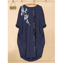 Plus Size Print Button Irregular Casual Dress with Pockets