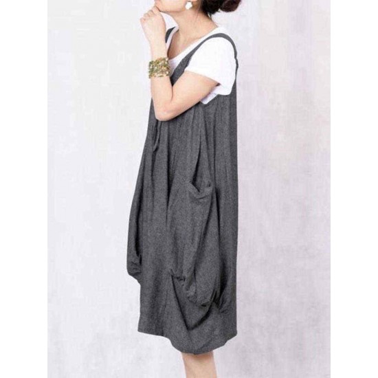 Plus Size S-5XL Casual Loose Sleeveless Baggy Dress with Pockets