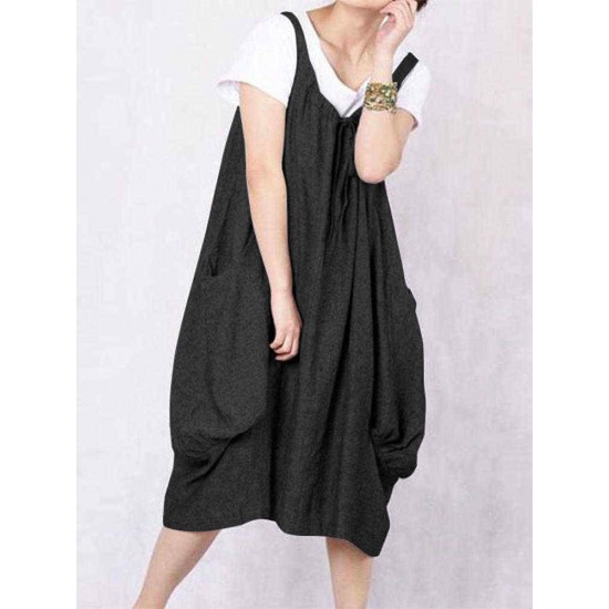 Plus Size S-5XL Casual Loose Sleeveless Baggy Dress with Pockets