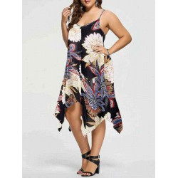 Plus Size S-5XL Casual Women Loose Floral Print Irregular Hem Strap Dress