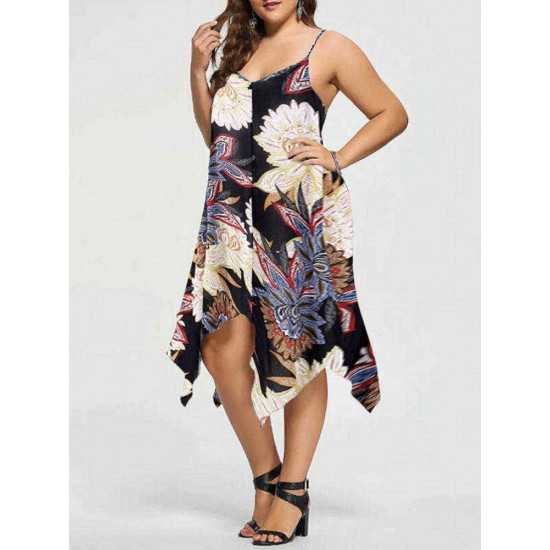 Plus Size S-5XL Casual Women Loose Floral Print Irregular Hem Strap Dress